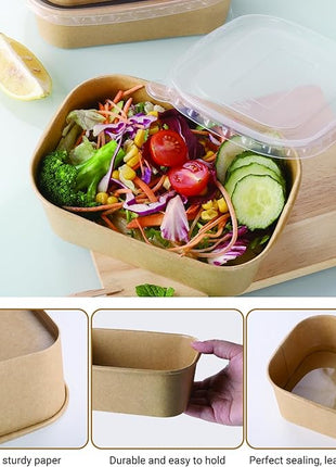 50 Sets 25oz Disposable Kraft Paper Bowls with Lids, Rectangle Paper Food Containers with Lids, Salad Bowls for Hot/Cold Food, Soup, Meal Prep, Ice Cream, Takeout, Party Supplies(750ml)