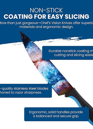 CHEF'S VISION Cosmos Knife Set - 6-Piece Stainless Steel Cutting Knives Set for Kitchen with Vibrant Cosmos Design - Great House Warming Gift for Women or Men - Unique Kitchen Knife Set Gift