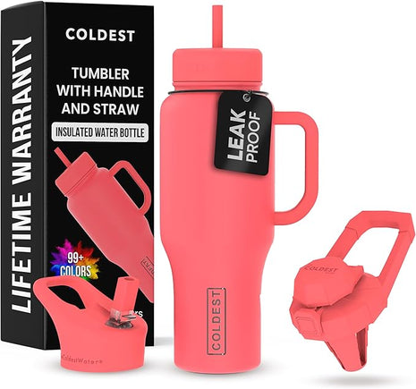 Coldest Tumbler with Handle and Straw - 100% Leak Proof Insulated Tumbler with Lid and Straw (3 Lids) - Stainless Steel Tumblers for Women & Men - Cup Holder Friendly Base, 36 oz (The Cardinal)