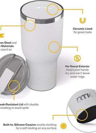 RTIC 40oz Essential Tumbler with Lid, Ceramic Lined, Insulated, Stainless Steel, Metal, Double Wall Vacuum-Insulation, Travel Cup for Iced Coffee, Tea, Hot and Cold Drink, White