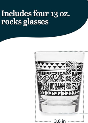 Libbey Tiki Rocks Glasses Set, Vintage-style Glassware Drinking Glasses Set of 4, Exotic, Dishwasher Safe Glasses for Backyard Luau or Pool Party