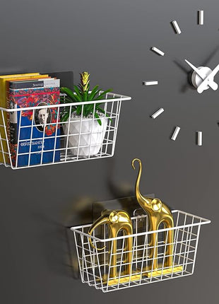 MaraFansie Wall Wire Baskets Bin No Drilling Adhesive Hanging Baskets Wall Mounted for Cabinet & Pantry Organization and Kitchen, Bathroom, Bedroom Storage, 2 Pack, White