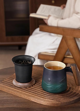 ZENS Embossed Ceramic Tea Mug with Infuser and Lid, 14.5 oz Wooden Handle, Loose Leaf Tea Steeper Mugs & Strainer for Tea Lovers Gifts