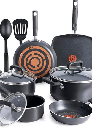 T-fal Signature Nonstick Cookware Set 12 Piece, Oven Broiler Safe 350F, Pots and Pans, Kitchen Cooking Set w/Fry Pans, Saucepans, Saute Pan, Dutch Oven, Griddle, Kitchen, Home, Dishwasher Safe, Black