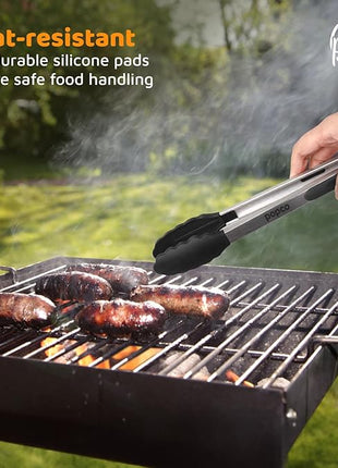 Popco 3-Piece Kitchen Tongs Set – Stainless Steel Heat Resistant Silicone Tips, Strong Comfort Grip, 3 Sizes (7, 9, 12 Inch), Non-Scratch, Dishwasher Safe, for Cooking, BBQ, Salad