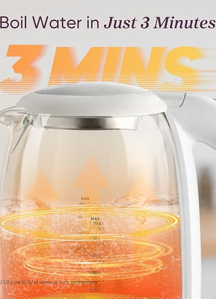 Cosori Electric Kettle, No Plastic Filter & Spout, Tea Kettle & Hot Water Boiler For Coffee & Tea, Water Heater & Teapot, Automatic Shut Off, Borosilicate glass, White, 1.7L/1500W
