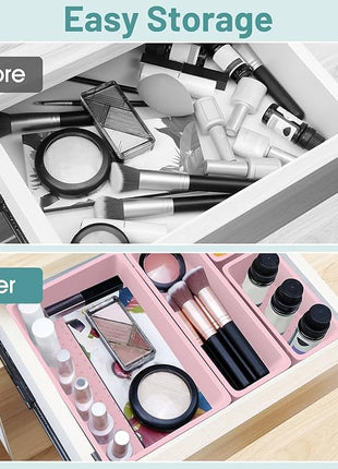 WOWBOX 25 PCS Plastic Drawer Organizer Set, 4 Sizes Desk Drawer Divider Organizers and Storage Bins for Makeup, Jewelry, Gadgets for Kitchen, Bedroom, Bathroom, Office, Pink