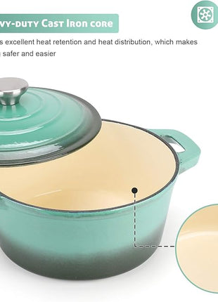 Puricon 5.5 Quart Enameled Cast Iron Dutch Oven with Lid, 5.5 QT Deep Round Dutch Oven Pot with Dual Handles -Teal