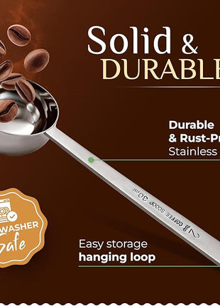 Orblue Premium Coffee Scoop Set - 1 Tbsp (15ml) & 2 Tbsp (30ml) Measuring Tablespoon - Stainless Steel Coffee Measuring Spoon and Scooper with Long Handles - Pack of 2