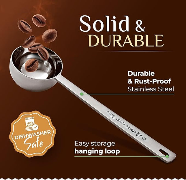 Orblue Premium Coffee Scoop Set - 1 Tbsp (15ml) & 2 Tbsp (30ml) Measuring Tablespoon - Stainless Steel Coffee Measuring Spoon and Scooper with Long Handles - Pack of 2