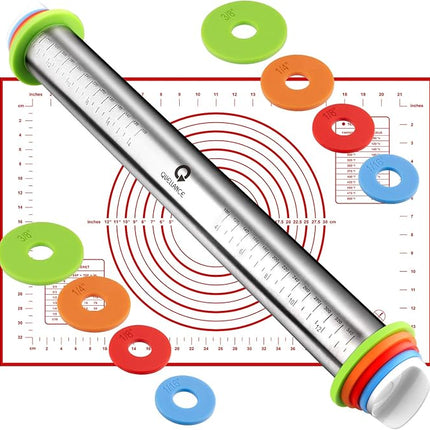 Rolling Pin and Pastry Baking Mat Set, Rolling Pins with Adjustable Thickness Rings, Stainless Steel Dough Roller for Baking Fondant, Pizza, Pie, Pastry, Pasta, Cookies (Red Mat)