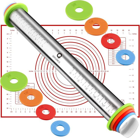 Rolling Pin and Pastry Baking Mat Set, Rolling Pins with Adjustable Thickness Rings, Stainless Steel Dough Roller for Baking Fondant, Pizza, Pie, Pastry, Pasta, Cookies (Red Mat)