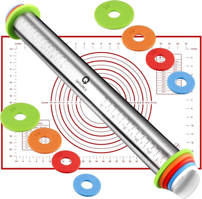 Rolling Pin and Pastry Baking Mat Set, Rolling Pins with Adjustable Thickness Rings, Stainless Steel Dough Roller for Baking Fondant, Pizza, Pie, Pastry, Pasta, Cookies (Red Mat)