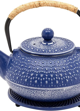 Juvale Cast Iron Teapot with Infuser - Blue, 27 oz (800 mL) - Stovetop Tea Kettle for Loose Leaf Tea - Includes Stainless Steel Infuser & Trivet