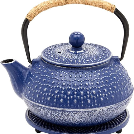 Juvale Cast Iron Teapot with Infuser - Blue, 27 oz (800 mL) - Stovetop Tea Kettle for Loose Leaf Tea - Includes Stainless Steel Infuser & Trivet