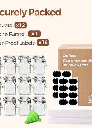 ComSaf 4 oz Glass Jars with Lid, Set of 12 Mini Airtight Glass Jars, Spice Jars, Small Mason Jar, Canning Jar Square with Seal Wire Clip Fastening, Labels & Funnels for Jam, Honey, Kitchen, Wedding