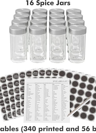 New England Stories Revolving Spice Rack Set with 16 Spice Jars, Kitchen Spice Tower Organizer for Countertop or Cabinet - Carousel Storage Includes 386 Spice Labels