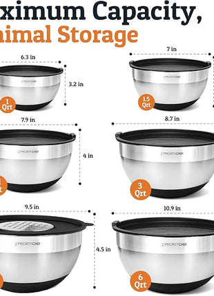 Priority Chef 6Pc Large Mixing Bowls With Lids Set with Non-Slip Bases, Stainless Steel Mixing Bowl Set, 6 Airtight Lids and 3 Graters, Black