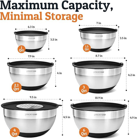 Priority Chef 6Pc Large Mixing Bowls With Lids Set with Non-Slip Bases, Stainless Steel Mixing Bowl Set, 6 Airtight Lids and 3 Graters, Black
