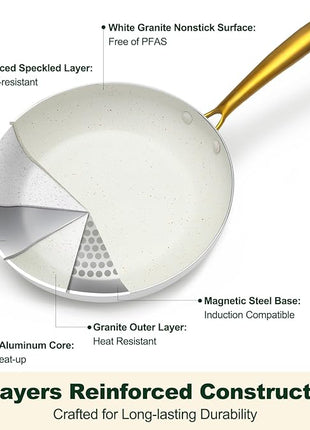 Pots and Pans Set Non Stick, 7 Piece White Granite Induction Cookware Set, Nonstick Kitchen Cooking Set with Gold Handle and Utensil, Oven Safe (PFOS, PFOA Free)