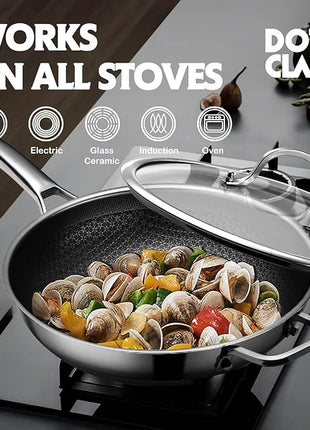 Wok pan,Hybrid 13 inch Wok with Lid, PFOA Free Cookware,non stick Stainless Steel Woks & Stir-fry pans Nonstick, Dishwasher and Oven Safe, Works on Induction