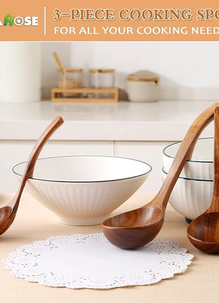 Wooden Ladle for Soup, 3Pcs Wooden Spoons for Cooking, Non-Stick Wood Spoon, Natural Teak Wood Cooking Spoons, Kitchen Utensils Spoons Set