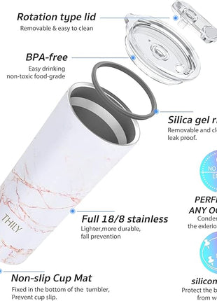 THILY Stainless Steel Vacuum Insulated Tumbler 26 oz Triple-Insulated Travel Mug with Splash-Proof Lid, for Iced Coffee and Hot Beverage, Gold Marble + Blue Marble
