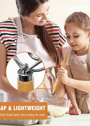 Walfos Wood Danish Dough Whisk, Wooden Sourdough Mixer With Stainless Steel Ring, Kitchen Hand Bread Whisking Tool for Cake, Pizza, Pastry, Biscuits