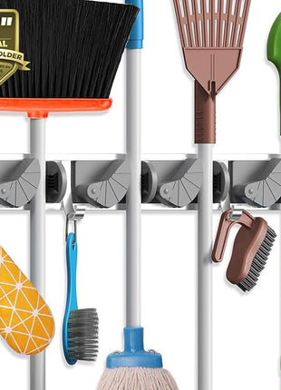 Holikme Mop Broom Holder Wall Mount Metal Pantry Organization and Storage Garden Kitchen Tool Organizer Wall Hanger for Home Goods (4 Positions with 4 Hooks, Silver)