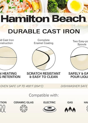 Hamilton Beach Enameled Cast Iron Fry Pan 10-Inch Cream, Cream Enamel Coating, Skillet Pan for Stove Top and Oven