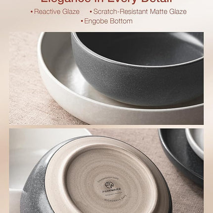 Famiware Milkyway Plates and Bowls Sets, 12 Pieces Dinnerware Sets, Reactive Glaze Dish Set, Stoneware Dishes Set for 4, Matte Beige White & Matte Dark Charcoal