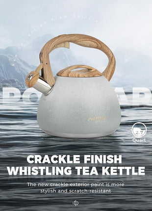 POLIVIAR Tea Kettle, 2.7 Quart Stovetop Tea Kettle, Audible Whistling Teapot with Crackle Finish, Food Grade Stainless Steel for Anti-Rust, Anti Hot Handle, Suitable for All Heat Sources (JX2023-LYW)