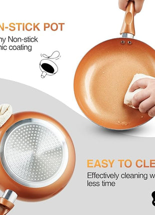 Pots and Pans Set Ultra Nonstick, Pre-Installed 11pcs Cookware Set Copper with Ceramic Coating, Stay cool handle & Nylon Kitchen Utensils, Gas/Induction Compatible, 100% PFOA Free