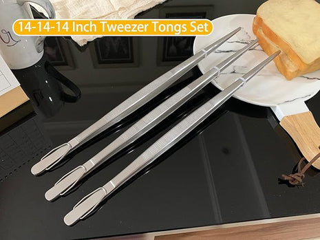 JETKONG 14-Inch Stainless Steel Cooking Tweezers Heavy Duty Kitchen Food Tweezers, Set of 3 (14 14 14 Inch, Silver)