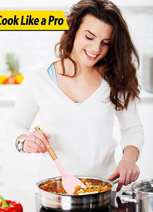 Pack of 4 Silicone Cooking Utensils Set, Non Stick Solid Spatulas and Heat Resistant Slotted Spoons with Wooden Handle, Ideal Wood Kitchen Utensils Set for Frying,Serving,Turning,Stirring (PINK)