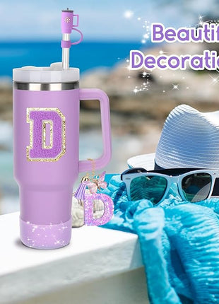 Mity rain 6PCS Cup Accessories Set for Stanley Cup 30oz 40oz tumbler with handle, Including Silicone Straw Topper Cover Cap and Boot, Spill Proof Stopper, Handle Charm, Initials Sticker (Letter D)