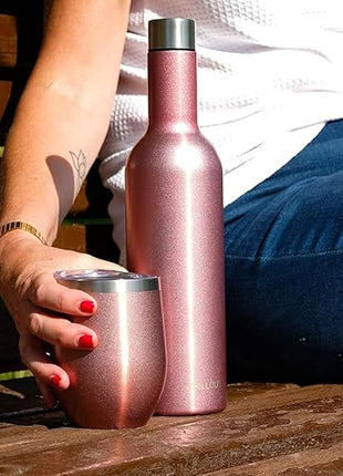 CHILLOUT LIFE 12 oz Stainless Steel Wine Tumblers 2 Pack & 1 Insulated Wine Bottle - Double Wall Vacuum Insulated Wine Glasses Cups with Lids and Straws Set Keeping Cold & Hot Gift Set - Rose Gold