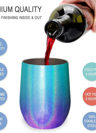 CHILLOUT LIFE 12 oz Stainless Steel Wine Tumblers 4 Pack - Double Wall Vacuum Insulated Wine Glasses Cups with Lids and Straws Set Keeping Cold & Hot for Coffee, Beer, Ice Cream - Mermaid Sparkle