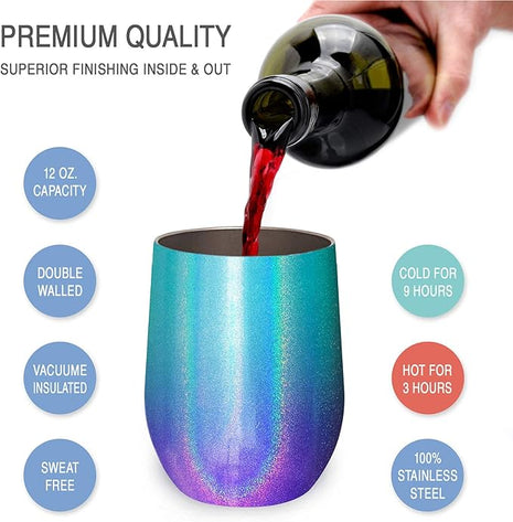 CHILLOUT LIFE 12 oz Stainless Steel Wine Tumblers 4 Pack - Double Wall Vacuum Insulated Wine Glasses Cups with Lids and Straws Set Keeping Cold & Hot for Coffee, Beer, Ice Cream - Mermaid Sparkle