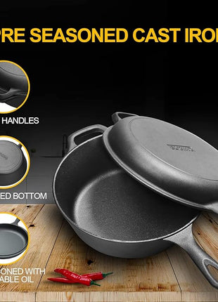 2-in-1 Pre-Seasoned Cast Iron Dutch Oven Pot with Skillet Lid Set, 10" Skillet 3QT Pot for Cooking, Baking, Frying and Camping