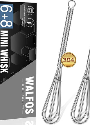 Walfos Mini Whisk,Non-Rust Whisk,304 Stainless steel Small Whisk.Heat Resistant 450℉.6+8Inch Tiny whisk Nice for Whisking, Blending Ingredients, Beating, Mixing Sauces (Silver)