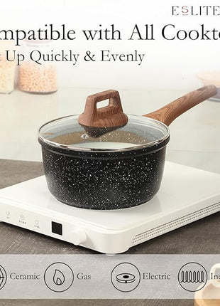 ESLITE LIFE Nonstick Cookware Sets, 9 Pcs Granite Coating Pots and Pans Set Kitchen Cooking Set, Compatible with All Stovetops (Gas, Electric & Induction), PFOA Free, Black