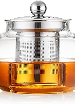 Glass Teapot Stovpetop Safe,20 oz/ 600 ml Stove Top & Microwave Safe Small Borosilicate Glass Kettle with Loose Leaf Tea Strainer For Flower Blooming Tea, Clear