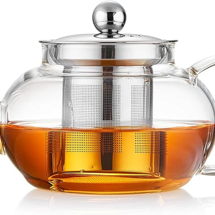 Glass Teapot Stovpetop Safe,20 oz/ 600 ml Stove Top & Microwave Safe Small Borosilicate Glass Kettle with Loose Leaf Tea Strainer For Flower Blooming Tea, Clear