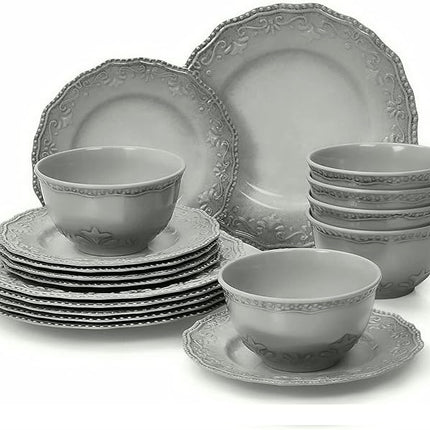 TP 18-Piece Dinnerware Set, Melamine Dishes Set with Bowls and Plates, Service for 6, Non-breakable Lightweight Dining Tableware, Grey