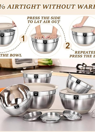 Umite Chef Mixing Bowls with Airtight Lids Set, 8PCS Stainless Steel Khaki Nesting Bowls with Grater Attachments, Kitchen Bowls with Non-Slip Bottoms, Size 5, 4, 3.5, 2, 1.5QT for Mixing & Serving