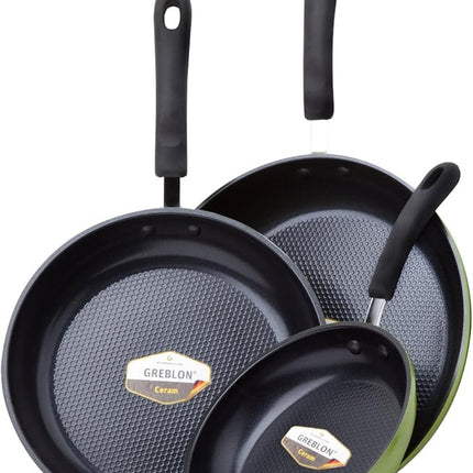 Green Earth Frying Pan 3-Piece Set by Ozeri (8", 10", 12") – 100% PTFE, PFC, APEO, GenX, NMP and NEP-Free German-Made Coating