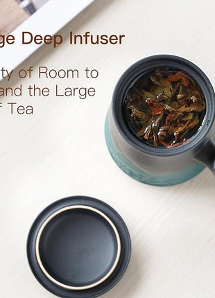 ZENS Tea Cup With Infuser and Lid for Loose Leaf Steeper, 15.2 oz Embossed Ceramic Mug With Fine Strainers, Wood Handle Large Diffusers, Accessories for Tea Lovers Gifts