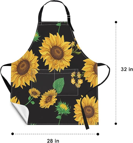 Britimes Apron Home Kitchen Cooking Baking Gardening for Women Men with Pockets Sunflowers Floral Flowers Leaf Vintage 32x28 inch