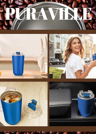 Puraville Insulated Tumblers with Lid, 10 oz Travel Coffee Mug Stainless Steel Vacuum Cup, Leak Proof Reusable Double Walled Coffee Tumbler for Iced and Hot Drinks, Klein Blue